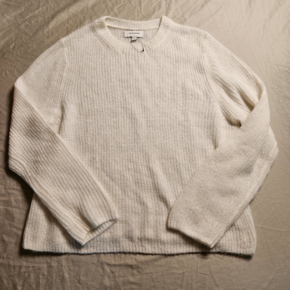 Banana Republic Sweater Large Cream Alpaca Wool Open‎ Stitch Pullover NWOT